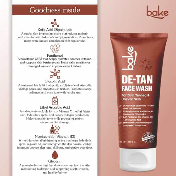 Bake De-Tan Face Wash With 2% Kojic | Niacinamide & Glycolic For Dark Spots (100Ml)