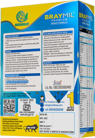 Braymil Premium 1 Infant Formula | Stage - 1 For 0 To 6 Months - 400 Gm (Bag In Box)
