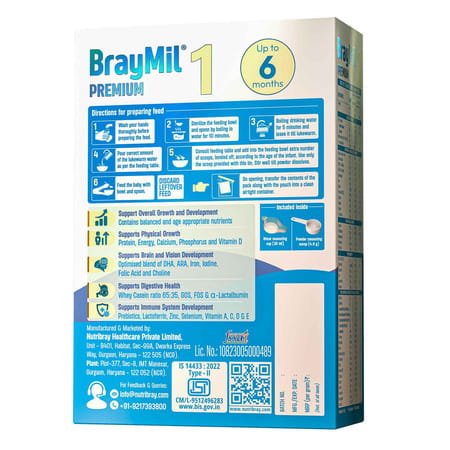 Braymil Premium 1 Infant Formula | Stage - 1 For 0 To 6 Months - 400 Gm (Bag In Box)