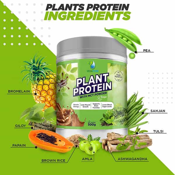 Vedapure 100% Plant Protein Based With Mct Powder Chocolate 500 Gm (Pack Of 1)