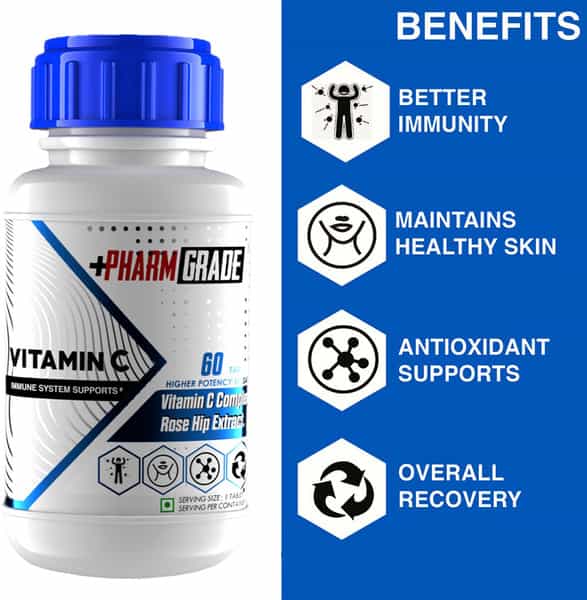 Pharmgrade Vitamin C Complex With Natural Amla Rosehip & Orange Peel Extract - 60 Tablets