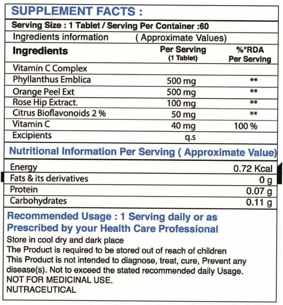 Pharmgrade Vitamin C Complex With Natural Amla Rosehip & Orange Peel Extract - 60 Tablets