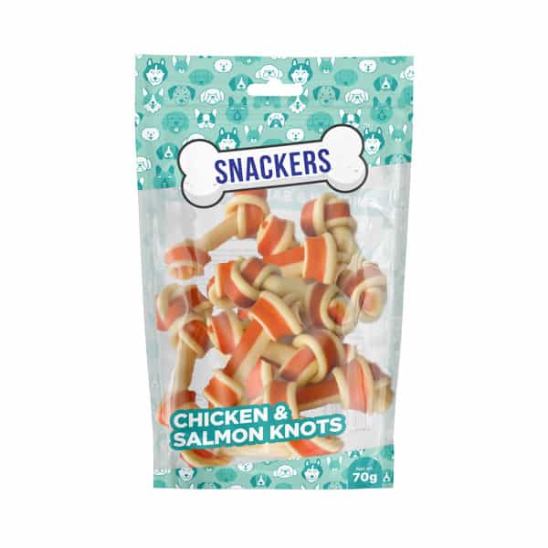 Snackers Dental Knotted Bones With Chicken & Salmon Flavour Dog Treats | 70 G