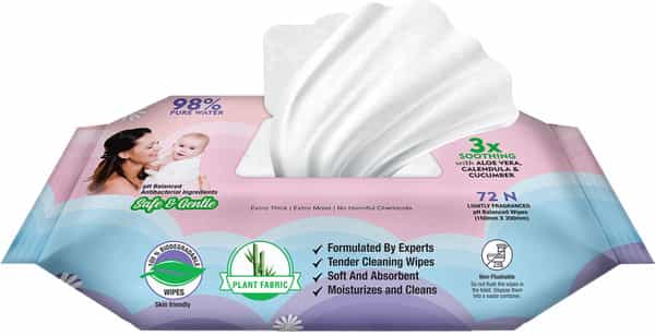 Mom & World Natural 98% Pure Water Baby Wipes Plant Based 3X Soothing Ph Balanced 72 N Wipes
