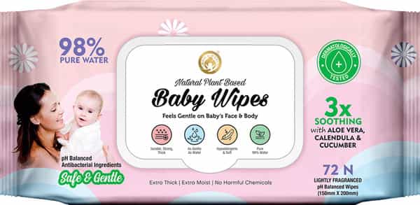 Mom & World Natural 98% Pure Water Baby Wipes Plant Based 3X Soothing Ph Balanced 72 N Wipes