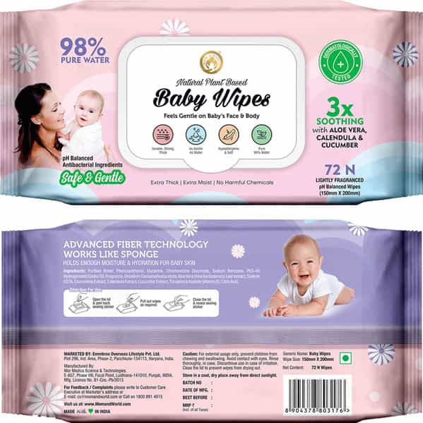 Mom & World Natural 98% Pure Water Baby Wipes Plant Based 3X Soothing Ph Balanced 72 N Wipes