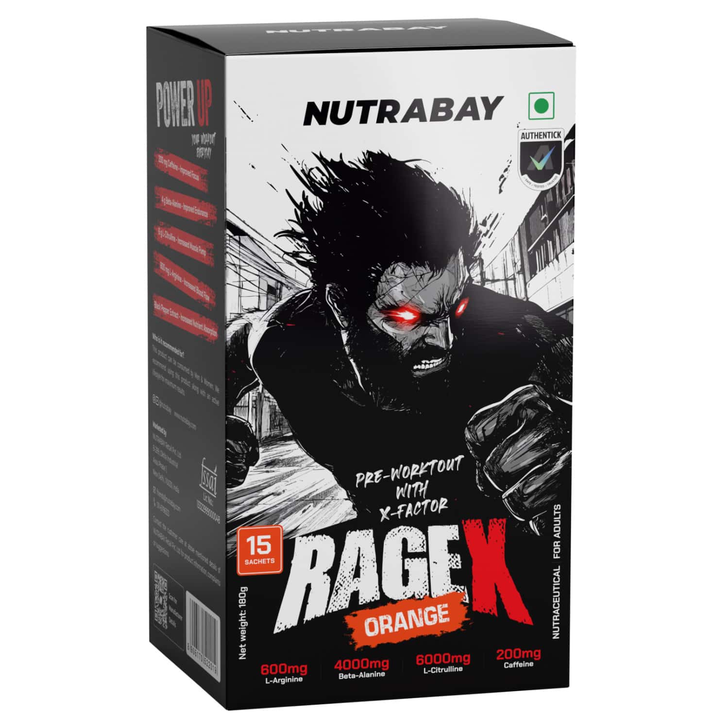 Nutrabay Ragex Pre Workout Supplement Powder - 180g (15 Sachets) | Orange | 200mg Caffeine