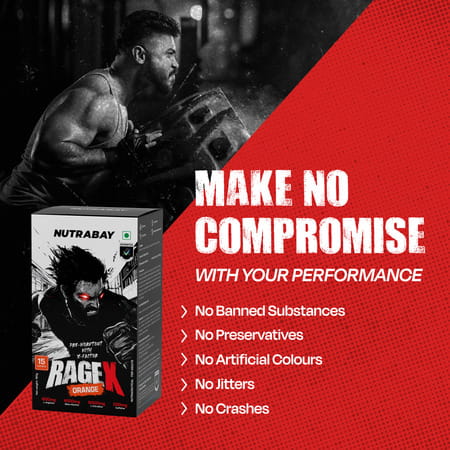 Nutrabay Ragex Pre Workout Supplement Powder - 180g (15 Sachets) | Orange | 200mg Caffeine