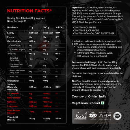 Nutrabay Ragex Pre Workout Supplement Powder - 180g (15 Sachets) | Orange | 200mg Caffeine