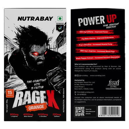 Nutrabay Ragex Pre Workout Supplement Powder - 180g (15 Sachets) | Orange | 200mg Caffeine