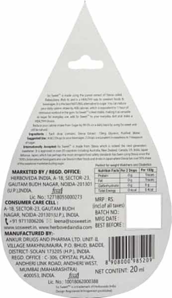 So Sweet Stevia Liquid 100 Drops (5Ml) Natural Sweetener 100% Natural Sweetener-Sugarfree