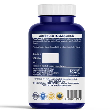 Fitnessveda Nmn Pro+ 600mg 99.9% Ultra Pure | Cellular Repair | Boost Nad+ Energy Levels