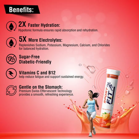 Sportfit Effervescent Electrolyte Tablet - Sugar-Free Hydration | 5X Electrolytes - Orange - 20N