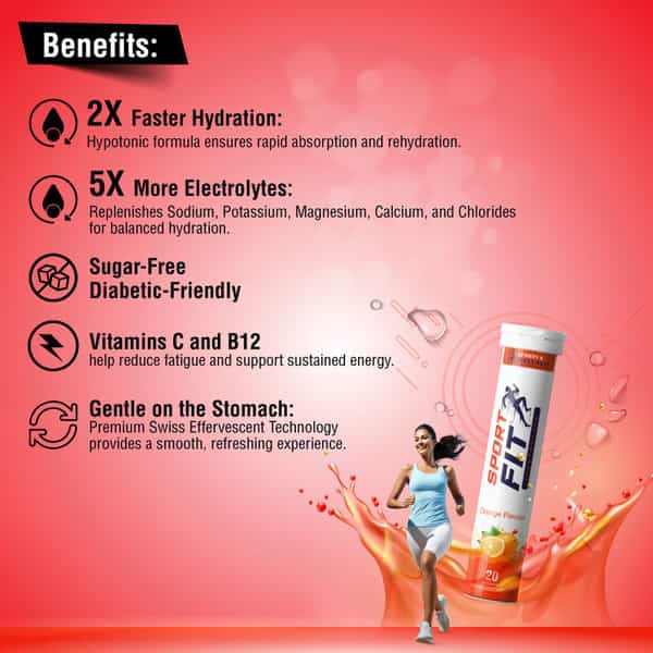 Sportfit Effervescent Electrolyte Tablet - Sugar-Free Hydration | 5X Electrolytes - Orange - 20N