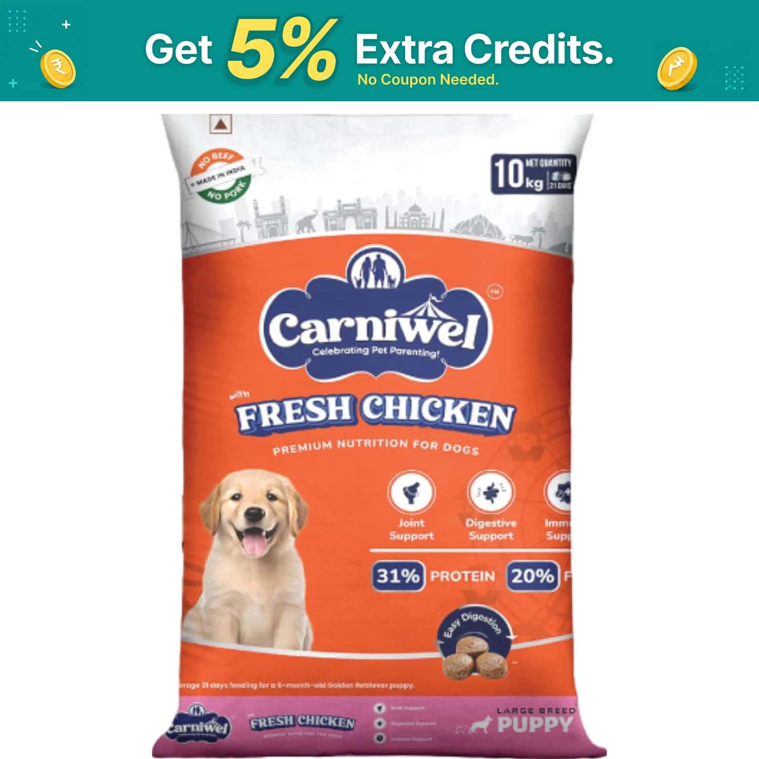 Carniwel Fresh Chicken Puppy Dry Dog Food 10 Kg | Natural Ingredients For Healthy Skin & Coat