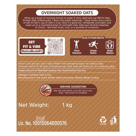 Muscleblaze Fit High Protein Oats 1 Kg | Unflavoured | Breakfast Cereals For Weight Management