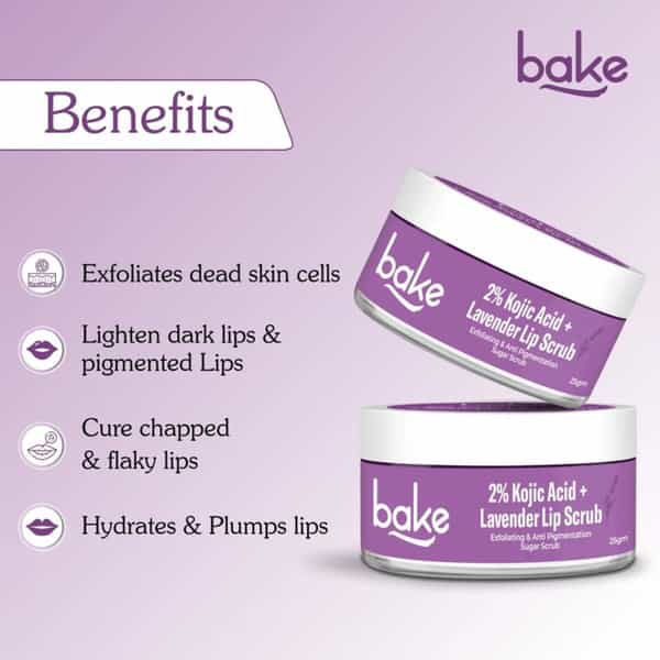Bake 2% Kojic Acid Lavender Lip Scrub For Dark Lips | Exfoliates & Hydrates | 25G