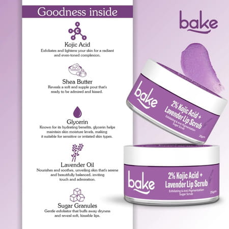 Bake 2% Kojic Acid Lavender Lip Scrub For Dark Lips | Exfoliates & Hydrates | 25G