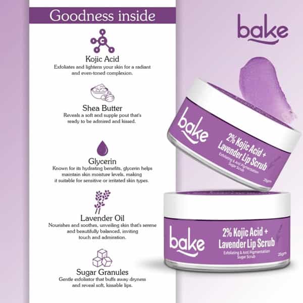 Bake 2% Kojic Acid Lavender Lip Scrub For Dark Lips | Exfoliates & Hydrates | 25G
