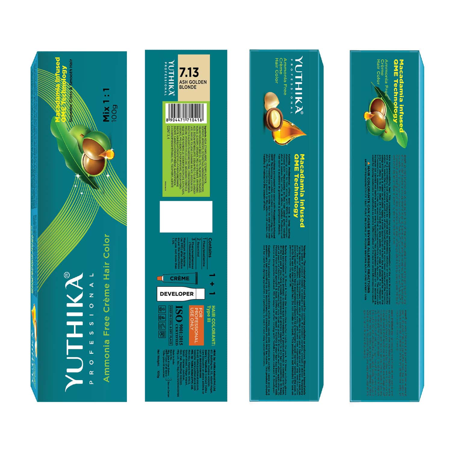 Yuthika Professional Creme Hair Color 7.13 Ash Golden Blonde 100gm | Permanent Professional Colour