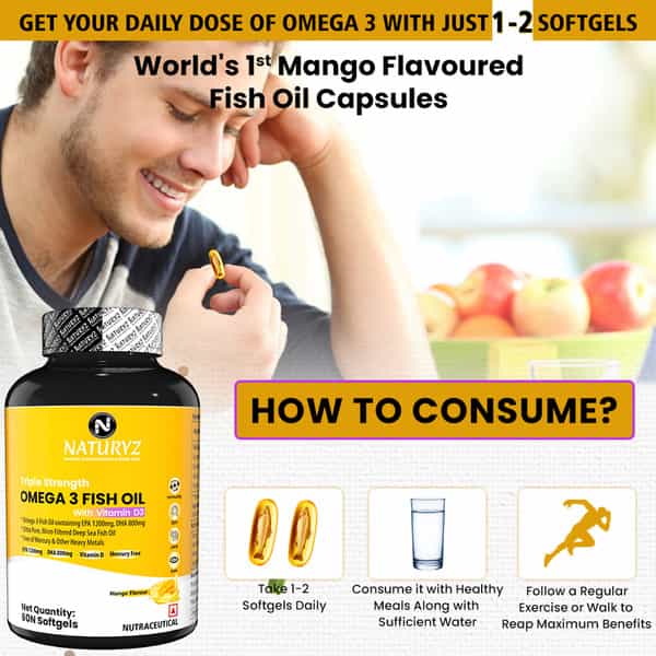 Naturyz Triple Strength Omega 3 Fish Oil 2500Mg With Vitamin D3 (Mango Flavour) (60 Softgels)