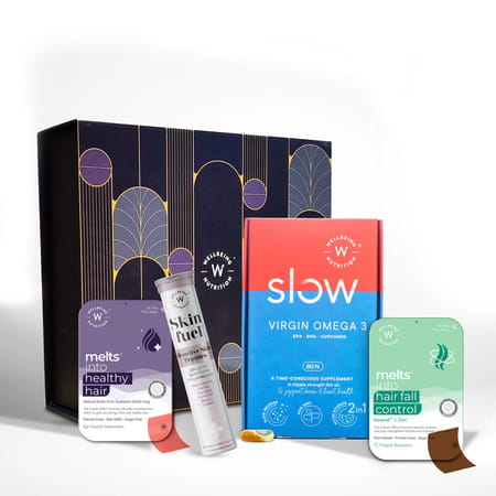 Wellbeing Nutrition Inner Beauty Gift Box Healthy Hair & Hair Fall Control, Skin Fuel, Slow Omega 3