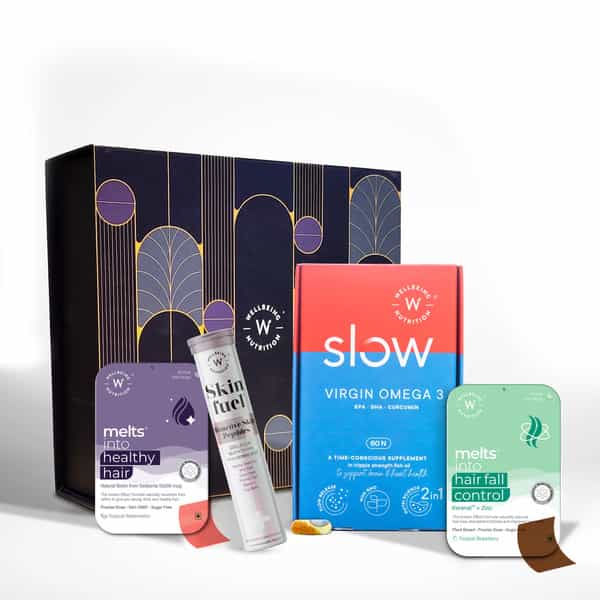 Wellbeing Nutrition Inner Beauty Gift Box Healthy Hair & Hair Fall Control, Skin Fuel, Slow Omega 3