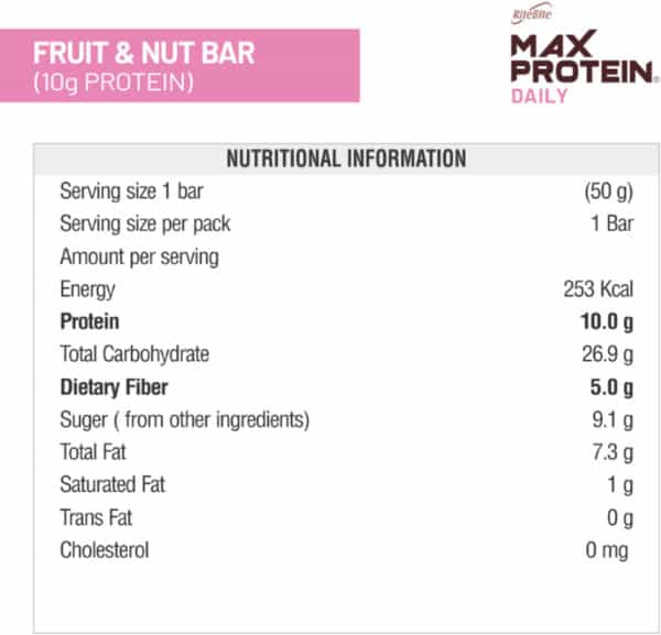 Ritebite Max Protein Daily - Fruit & Nut 300G Bar- Pack Of 6 (50G X 6)