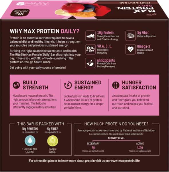 Ritebite Max Protein Daily - Fruit & Nut 300G Bar- Pack Of 6 (50G X 6)