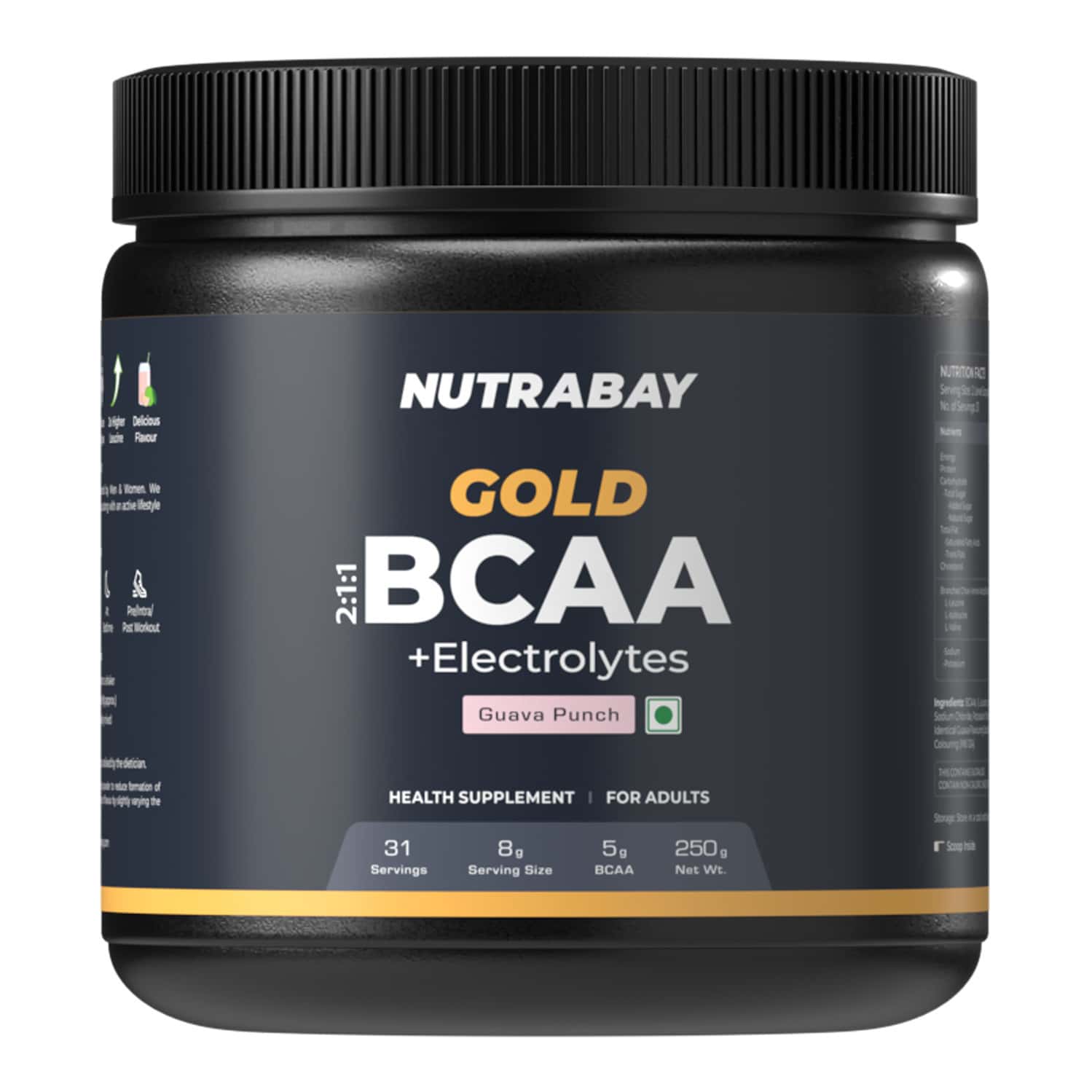 Nutrabay Gold Bcaa 2:1:1 With Electrolytes|5g Bcaa | Pre/post Workout Energy Drink|250g | Guava