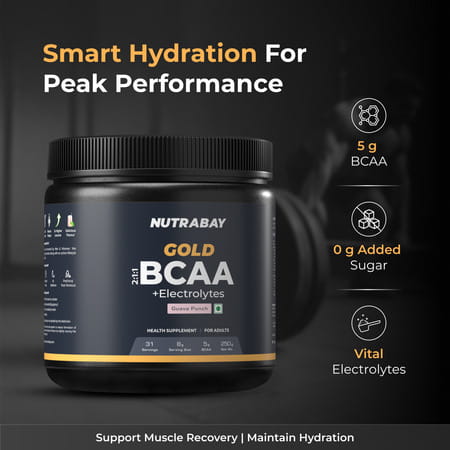 Nutrabay Gold Bcaa 2:1:1 With Electrolytes|5G Bcaa | Pre/Post Workout Energy Drink|250G | Guava