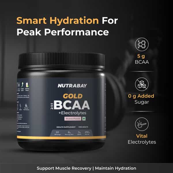 Nutrabay Gold Bcaa 2:1:1 With Electrolytes|5G Bcaa | Pre/Post Workout Energy Drink|250G | Guava