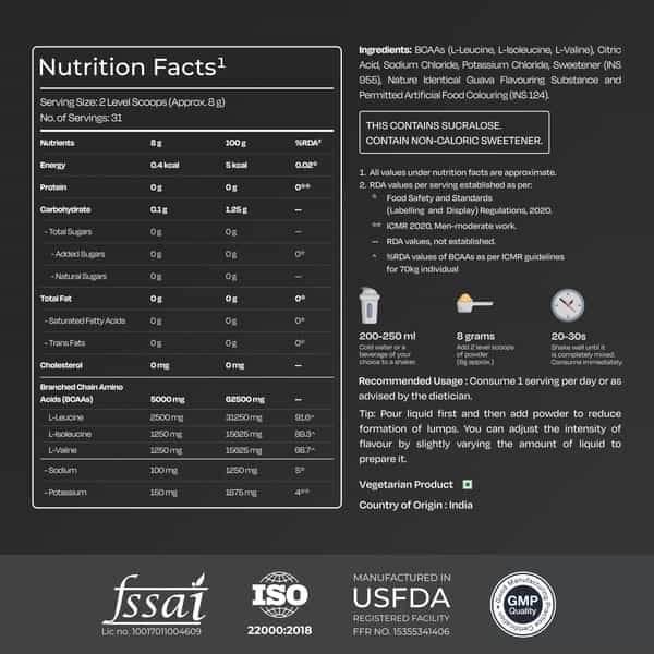 Nutrabay Gold Bcaa 2:1:1 With Electrolytes|5G Bcaa | Pre/Post Workout Energy Drink|250G | Guava