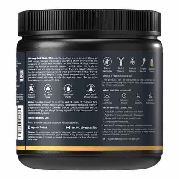 Nutrabay Gold Bcaa 2:1:1 With Electrolytes|5G Bcaa | Pre/Post Workout Energy Drink|250G | Guava