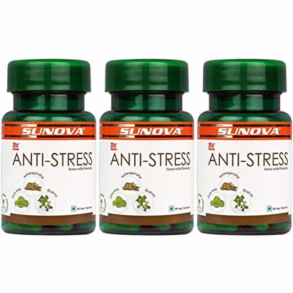 Sunova Anti-Stress Capsules Herbal Stress Relief Ashwagandha Extract | 60 Veg. Capsules X Pack Of 3