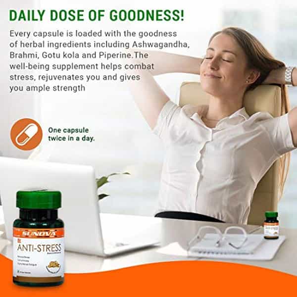 Sunova Anti-Stress Capsules Herbal Stress Relief Ashwagandha Extract | 60 Veg. Capsules X Pack Of 3