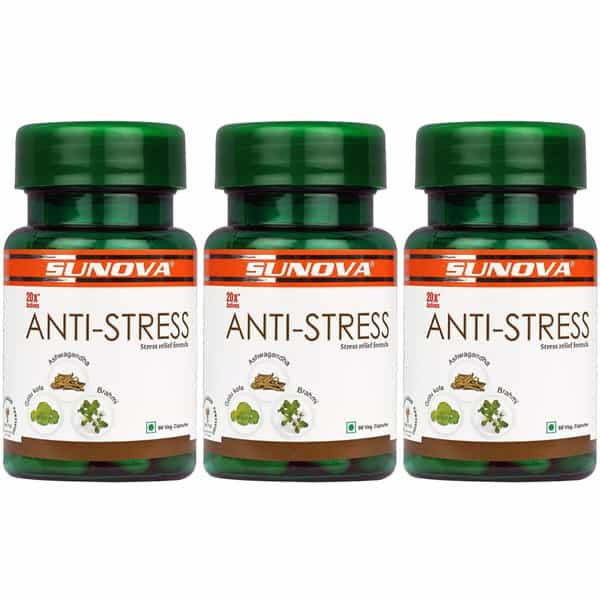 Sunova Anti-Stress Capsules Herbal Stress Relief Ashwagandha Extract | 60 Veg. Capsules X Pack Of 3