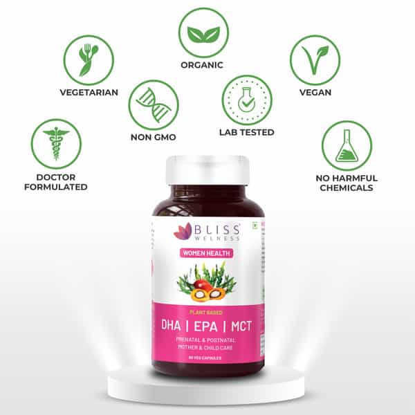 Bliss Welness Vegan Omega 3 Dha Epa Mct For Brain & Heart Supplements|For Women| 60 Veg Capsules