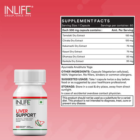 Inlife Liver Care/Cleanse Support Active Formula & Detoxifier Ayurvedic Herbs 500 Mg - 60 Veg Caps