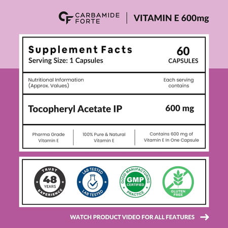 Carbamide Forte Vitamin E 600mg For Face Hair 100% Natural Vitamin E-60 Capsules