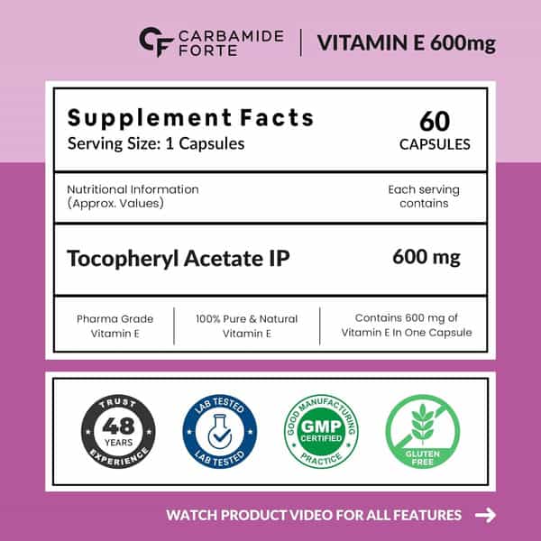 Carbamide Forte Vitamin E 600Mg For Face Hair 100% Natural Vitamin E-60 Capsules