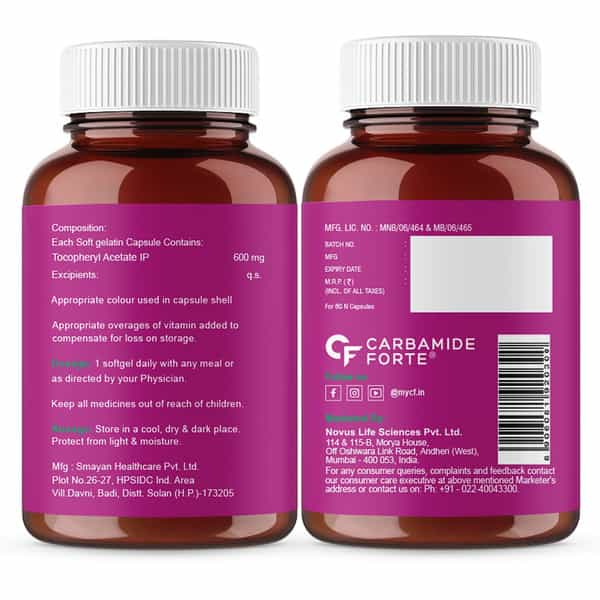 Carbamide Forte Vitamin E 600Mg For Face Hair 100% Natural Vitamin E-60 Capsules