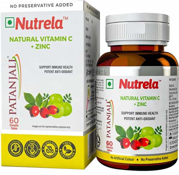 Patanjali Nutrela Vit C + Zinc Natural Chew Tab 22.5G - Immunity Booster- 1 Bottle(60 Chewtab)