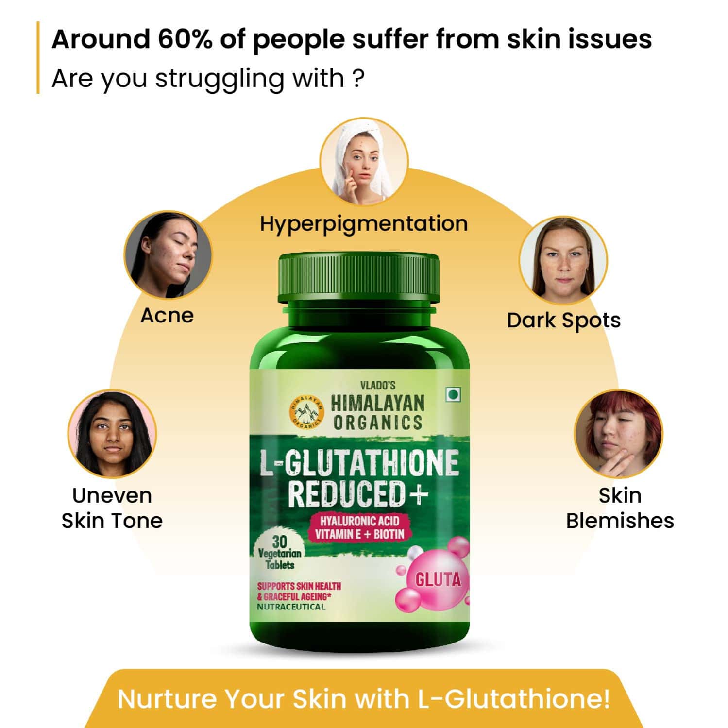 Buy VLADO'S HIMALAYAN ORGANICS L-GLUTATHIONE REDUCED+ | HYALURONIC ACID  VITAMIN E + BIOTIN | VEG - 30N Online & Get Upto 60% OFF at PharmEasy
