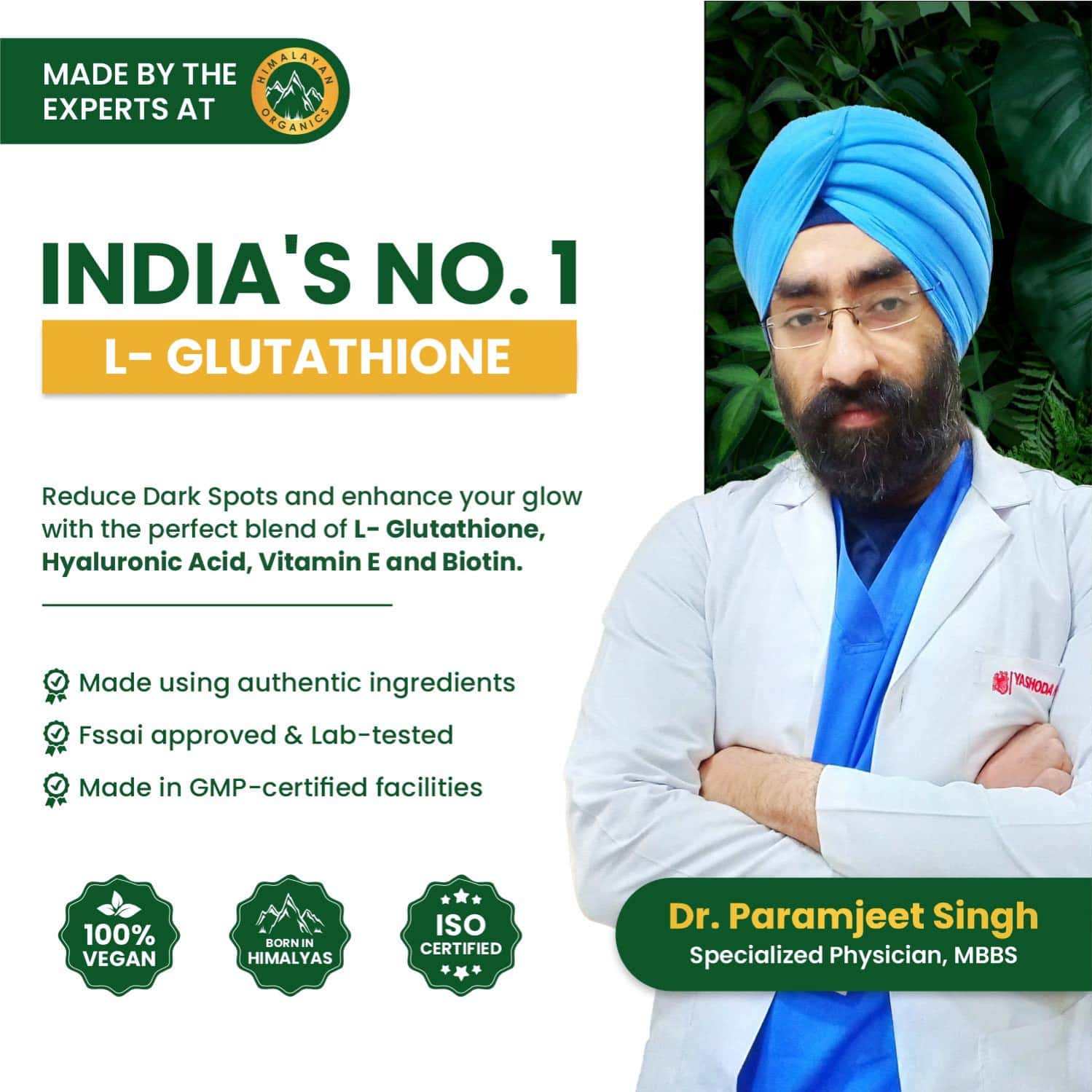 Buy VLADO'S HIMALAYAN ORGANICS L-GLUTATHIONE REDUCED+ | HYALURONIC ACID  VITAMIN E + BIOTIN | VEG