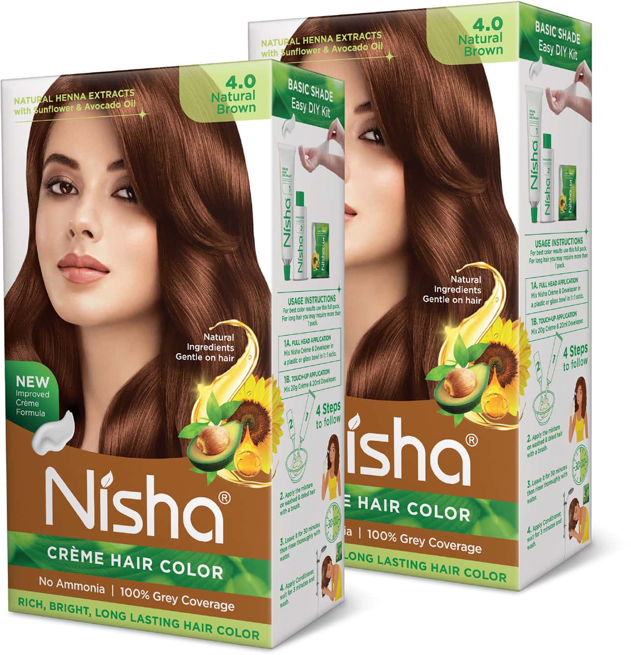Nisha Creme Hair Color 4.0 Natural Brown 120gm Pack Of 2 | Ammonia Free Permanent Hair Colour