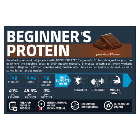 Muscleblaze Beginner's Whey Protein Powder (Chocolate | 500G) | 12G Protein Per Scoop