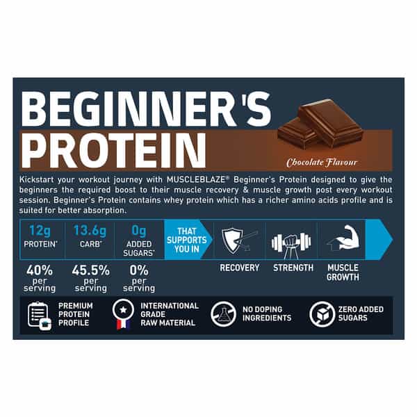 Muscleblaze Beginner's Whey Protein Powder (Chocolate | 500G) | 12G Protein Per Scoop