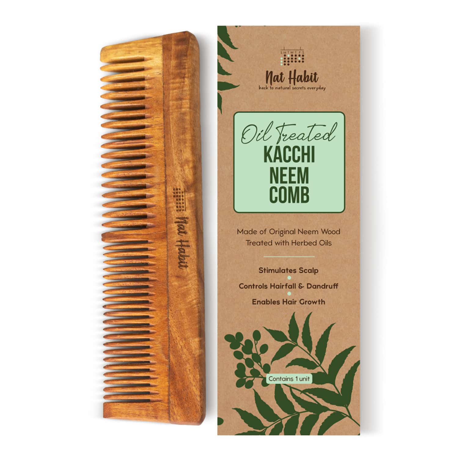 Nat Habit Kacchi Neem Comb | Wooden Comb For Hair Growth | Hairfall | Dandruff Control (dual Tooth)
