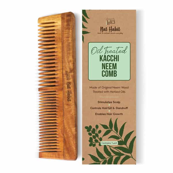Nat Habit Kacchi Neem Comb | Wooden Comb For Hair Growth | Hairfall | Dandruff Control (Dual Tooth)